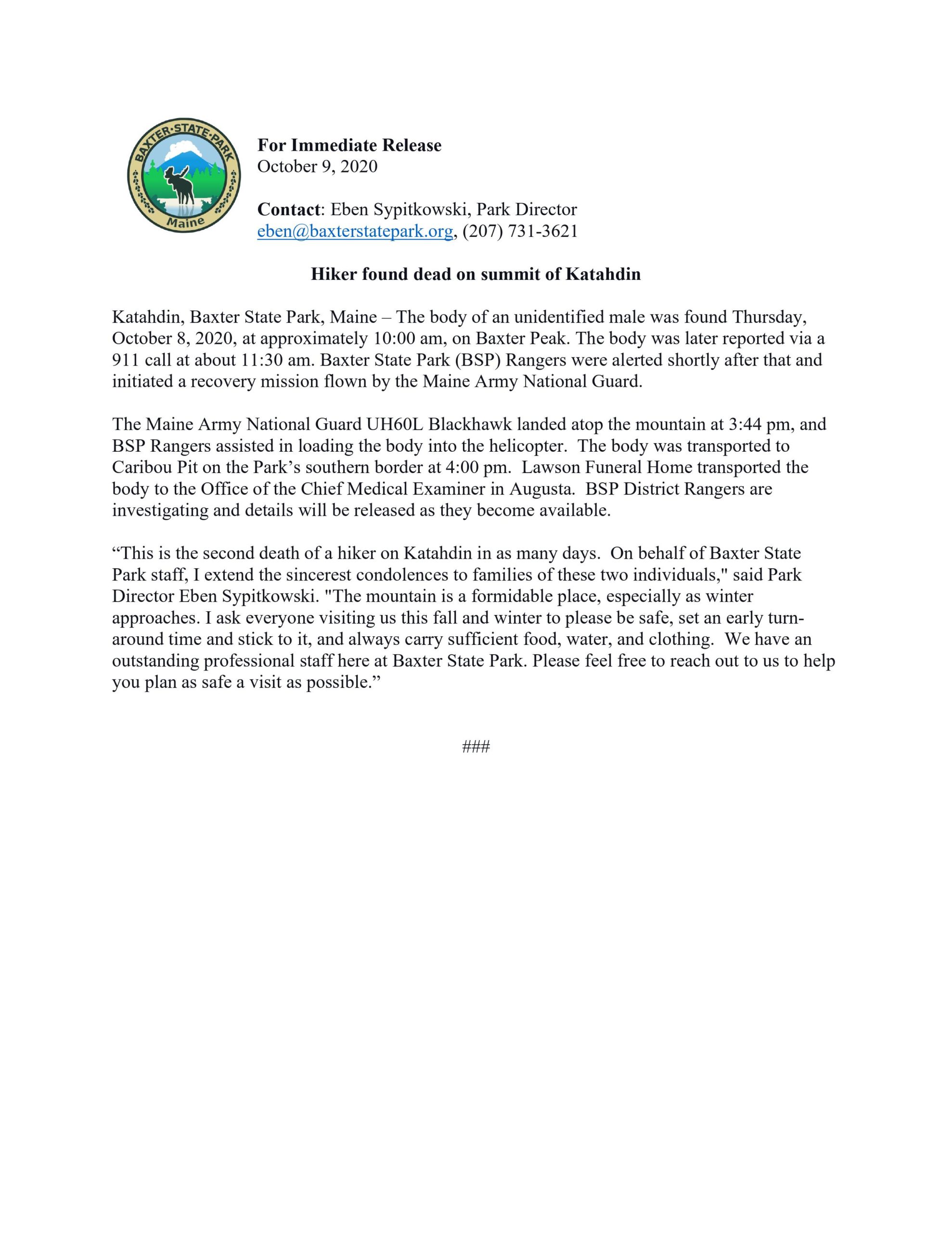 10-9-2020 Hiker Found Dead on Summit of Katahdin – Baxter State Park
