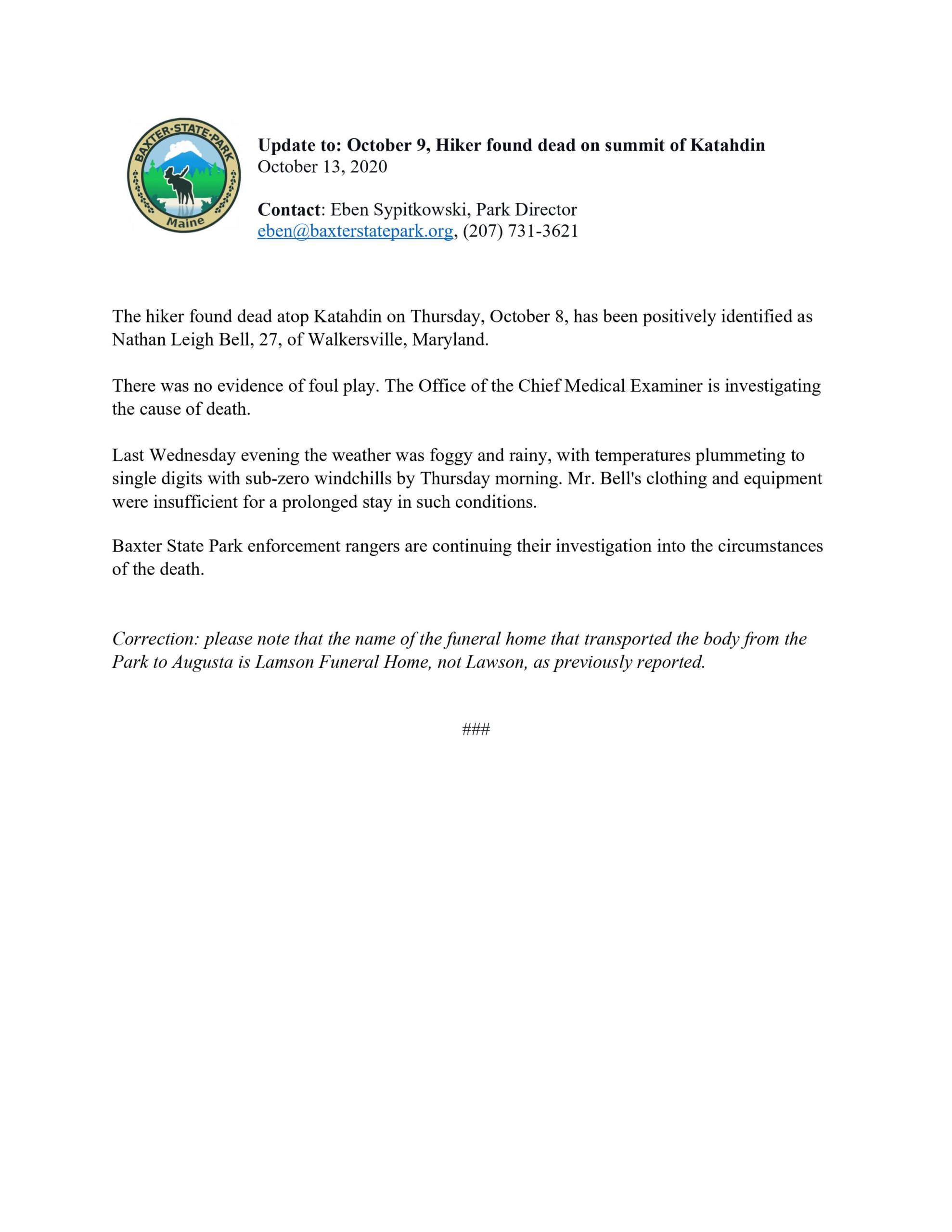 Hiker Found Dead on Summit Identified – Baxter State Park